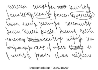 Illegible strikethrough cursive script message. Handwritten scribble letter. Freehand text note. Vector hand drawn illustration.