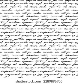 Unleserlicher, unlesbarer, handgeschriebener Text, nahtloser Text. Cursive englische Texte, die von einem Stift oder einer kleinen Bürste geschrieben wurden. Nahtloses Muster mit unleserlichen kursiven Wörtern. Schwarzes Vektorgrafik-Skript.