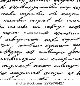 Patrón de texto manuscrito ilegible e ilegible. Texto en inglés cursivo escrito por un lápiz o un pincel pequeño. Patrón sin brillo con palabras cursivas ilegibles. Guión vector negro.