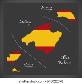Illes Balears map with Spanish national flag illustration