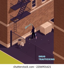 Illicit Drug Trafficking Isometric Background With Male Dealer Character In Black Clothe Applying Paint Information About Sale In Backstreets Of House Vector Illustration