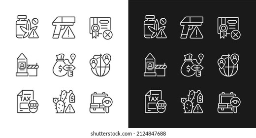 Illicit import and its prevention linear icons set for dark and light mode. Weapon trade. Customizable thin line symbols. Isolated vector outline illustrations. Editable stroke. Pixel perfect