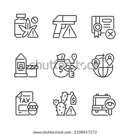 Illicit import and its prevention linear icons set. Weapon trade. Goods smuggling. Customizable thin line contour symbols. Isolated vector outline illustrations. Editable stroke. Pixel perfect
