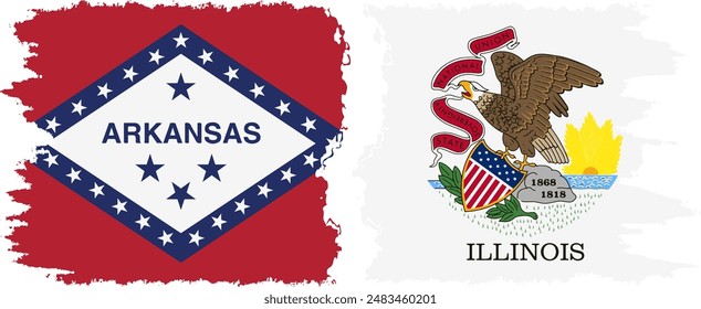 Illinois and Arkansas states grunge brush flags connection, vector