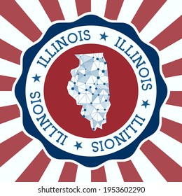 Illinois Badge. Round logo of us state with triangular mesh map and radial rays. EPS10 Vector.