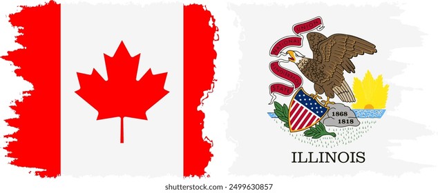 Illinois and Canada grunge brush flags connection, vector