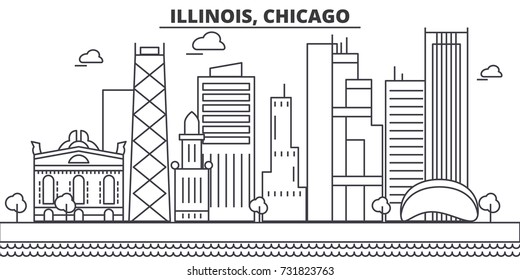 Illinois, Chicago architecture line skyline illustration. Linear vector cityscape with famous landmarks, city sights, design icons. Landscape wtih editable strokes