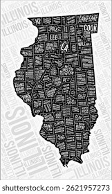 Illinois counties map word cloud. Illinois region names. Black and white map design. Beautiful vector illustration.