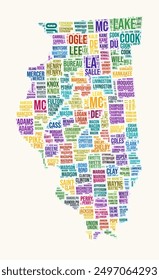 Illinois counties word cloud. State logo design. Counties typography style vector image. Illinois colored text cloud. Awesome vector illustration.