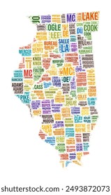 Illinois county word cloud in the shape of the state. A colored vector illustration featuring county names in a collage design.