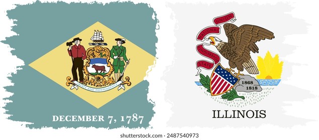 Illinois and Delaware states grunge brush flags connection, vector