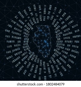 Illinois digital map with binary rays radiating around a glowing state. Internet connections and data exchange design. Vector illustration.