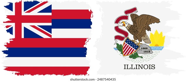 Illinois and Hawaii states grunge brush flags connection, vector