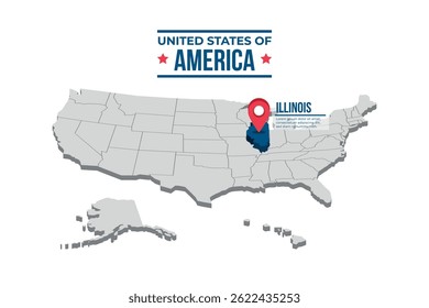 Illinois Highlighted On A 3D Isometric Map Of The United States Of America