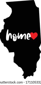 Illinois home state - black state map with Home written in white brush script text with a red heart. Isolated on white background