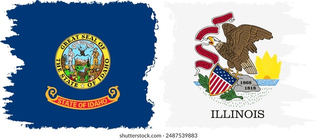 Illinois and Idaho states grunge brush flags connection, vector