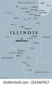 Illinois, IL, gray political map with capital Springfield and metropolitan area Chicago. State in Midwestern region of United States, nicknamed Land of Lincoln, Prairie State, and Inland Empire State. svg