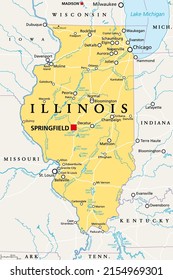 Illinois, IL, political map, with capital Springfield and metropolitan area Chicago. State in the Midwestern region of United States, nicknamed Land of Lincoln, Prairie State, and Inland State.