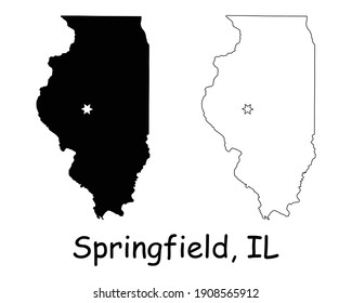 Illinois IL state Map USA with Capital City Star at Springfield. Black silhouette and outline isolated on a white background. EPS Vector