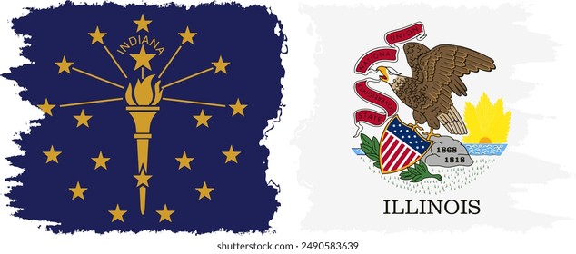 Illinois and Indiana states grunge brush flags connection, vector