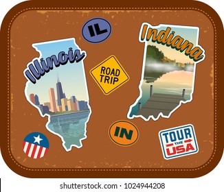 Illinois and Indiana travel stickers with scenic attractions and retro text on vintage suitcase background