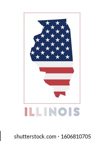 Illinois Logo. Map Of Illinois With Us State Name And Flag. Creative Vector Illustration.