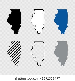 Illinois Map Black, State Border, United States, US America, Transparent Isolated, Variations. Illinois black map on background vector. Map of the U.S. state Illinois