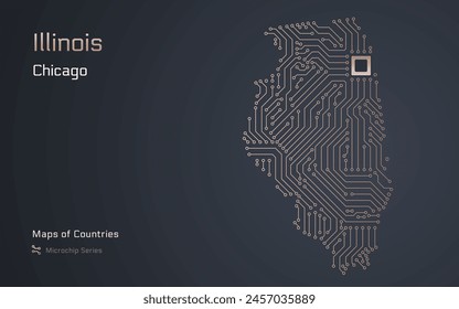 Illinois Map with a capital of Springfield Shown in a Microchip Pattern. E-government. TSMC. American states vector maps. Microchip Series