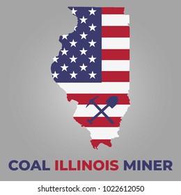 Illinois map with coal miner logo and USA flag