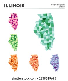 Illinois map collection. Borders of Illinois for your infographic. Colored us state regions. Vector illustration.