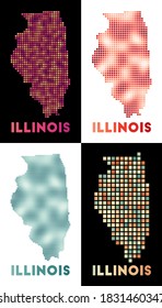 Illinois map. Collection of map of Illinois in dotted style. Borders of the us state filled with rectangles for your design. Vector illustration.
