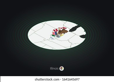 Illinois map in dark color, oval map with neighboring US states. Vector map and flag of US state Illinois