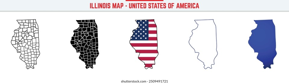 mapa de Illinois com ícone de traçado editável. Ícone de linha fina do estado de Illinois, ilustração do vetor do mapa de Illinois, mapa de vetor de silhueta azul IL