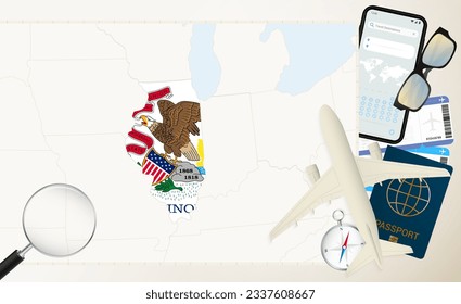 Mapa y bandera de Illinois, avión de carga en el mapa detallado de Illinois con bandera, pasaporte, lupa y avión. Plantilla de vectores.