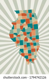 Illinois map. Poster with map of the US state in retro color palette. Shape of Illinois with sunburst rays background. Vector illustration.