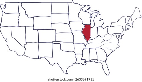 Illinois Map in Red, map of america highlighting the state of Illinois