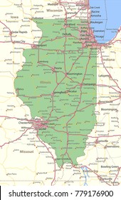 Illinois Map. Shows State Borders, Urban Areas, Place Names, Roads And Highways.
Projection: Mercator.