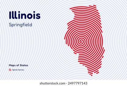 Illinois Map in Spiral Formation: Springfield Takes Center Stage. Fingerprint and stripes pattern. American states maps.