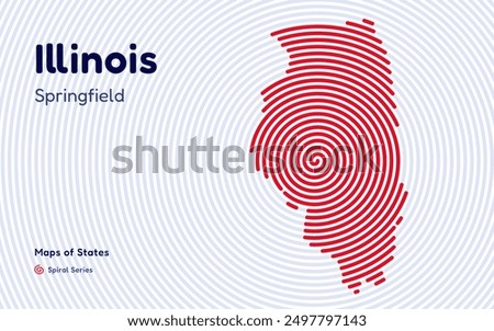 Illinois Map in Spiral Formation: Springfield Takes Center Stage. Fingerprint and stripes pattern. American states maps.