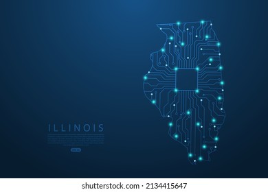 Illinois Map - United States of America Map vector with Abstract futuristic circuit board. High-tech technology mash line and point scales on dark background - Vector illustration ep 10 