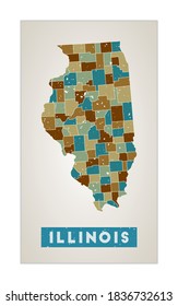 Illinois map. US state poster with regions. Old grunge texture. Shape of Illinois with US state name. Classy vector illustration.