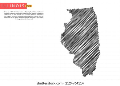 Illinois Map - USA, United States of America Map template with black outline graphic sketch and old school style isolated on white grid background - Vector illustration eps 10