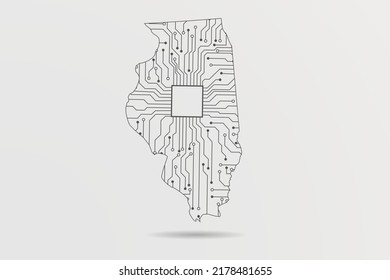 Illinois Map - USA, United States of America Map Vector with futuristic circuit board Illustration or High-tech technology mash line and point scales on white background - Vector illustration ep 10