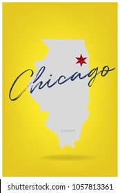 Illinois map with word Chicago and star symbol , logo design for souvenir print, coffee mug cap, T-shirt printing.  vector eps 10.