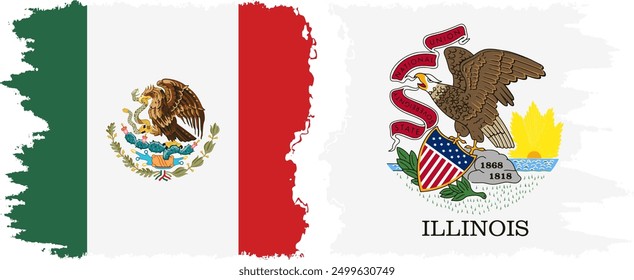 Illinois and Mexico grunge brush flags connection, vector