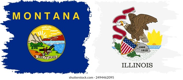 Illinois and Montana states grunge brush flags connection, vector