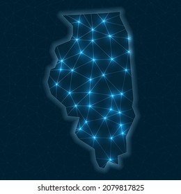 Illinois network map. Abstract geometric map of the us state. Digital connections and telecommunication design. Glowing internet network. Neat vector illustration.