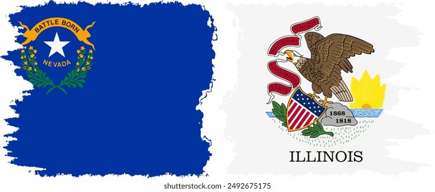 Illinois and Nevada states grunge brush flags connection, vector