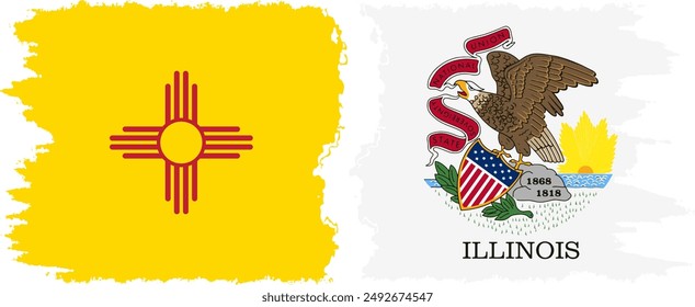 Illinois and New Mexico states grunge brush flags connection, vector