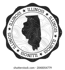 Illinois outdoor stamp. Round sticker with a map of the US state with topographic isolines. Vector illustration. Can be used as insignia, logotype, label, sticker or badge of Illinois.